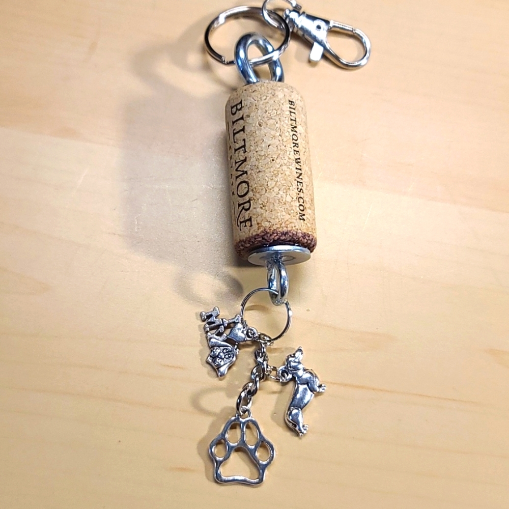 DOG Wine Cork Key Chain - Purse charm - Upcycled silvertone